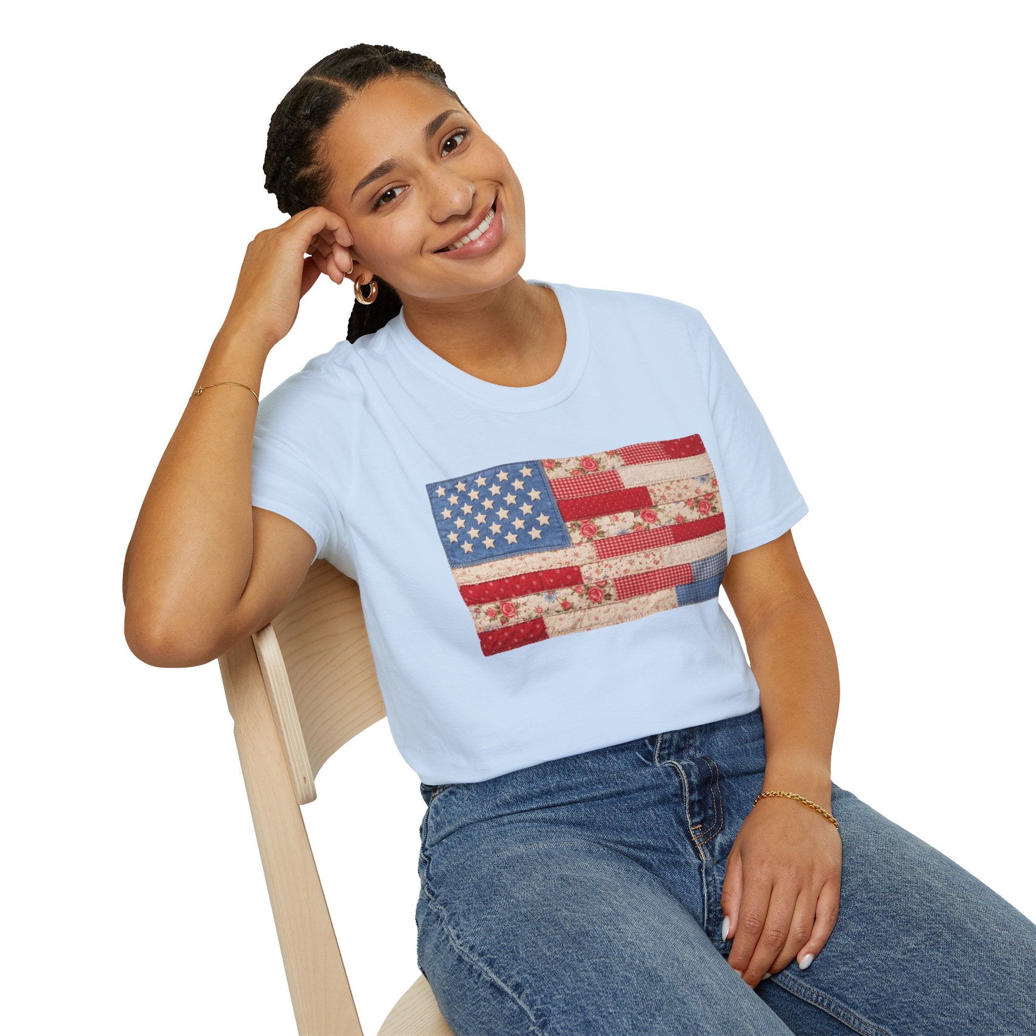 Patchwork American Flag T-Shirt — Vintage Floral Patriotic Tee
