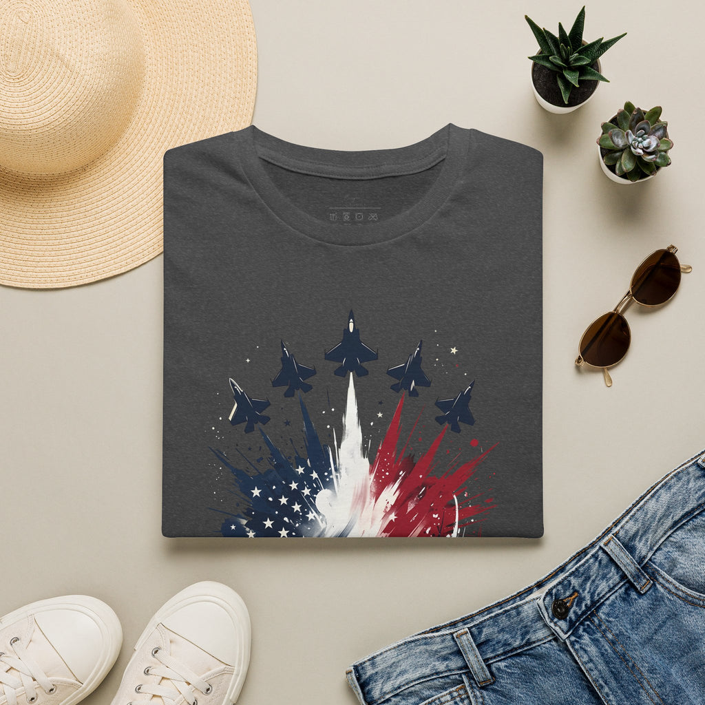 T-Shirt — Patriotic Jet Flyover with American Flag Splash