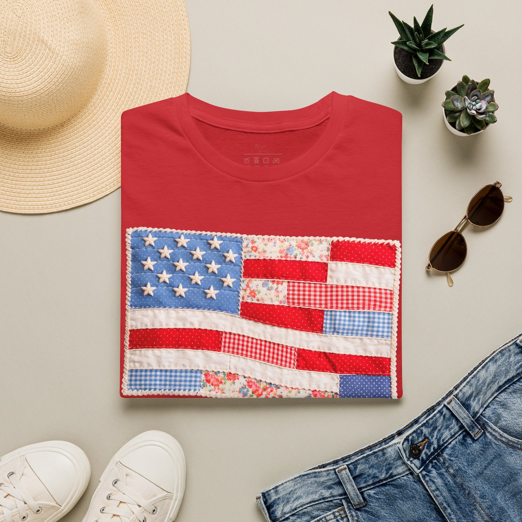 American Patchwork Flag T-Shirt — Vintage Floral Stars & Stripes Tee for 4th of July