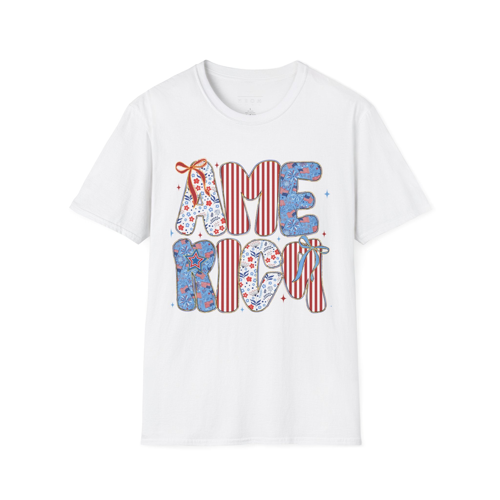 AME Retro Patriotic T-Shirt — Red White Blue Floral & Stripes Graphic Tee