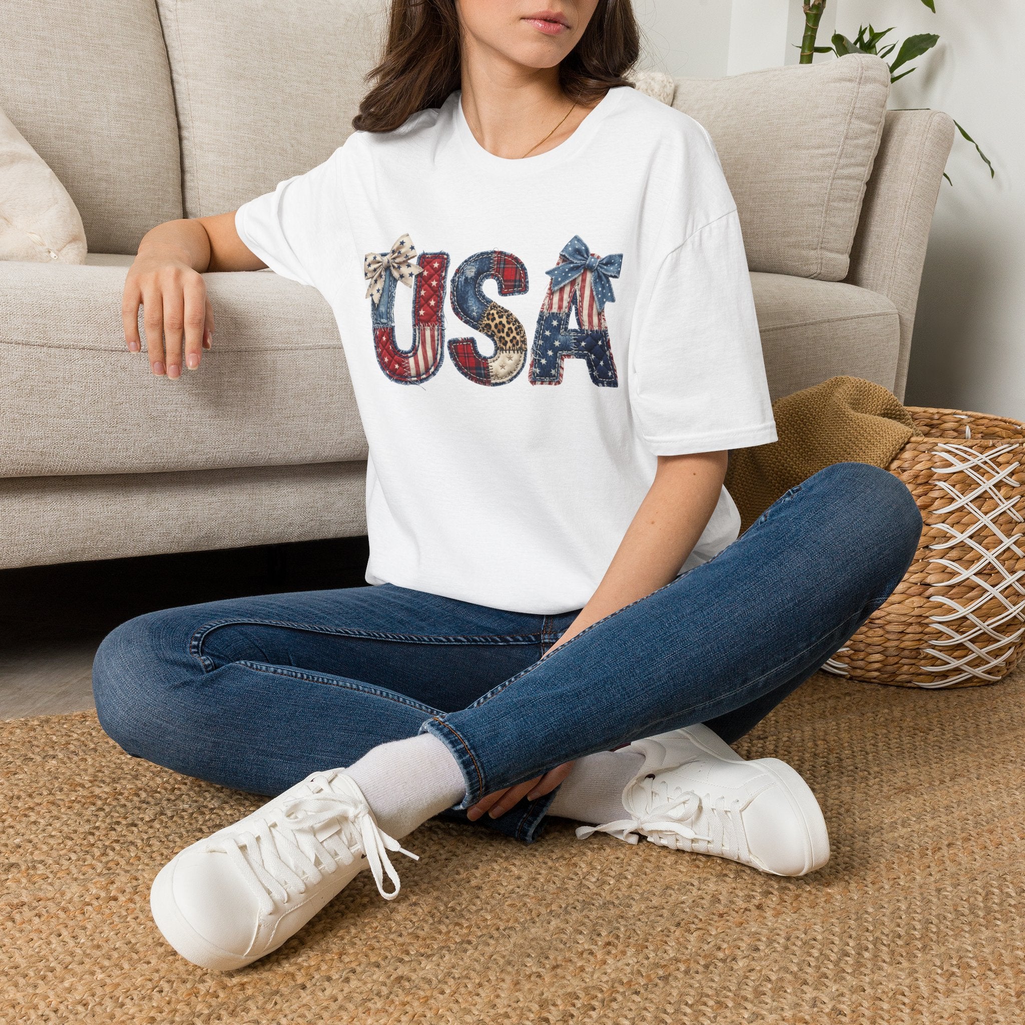 USA Patriotic T-Shirt — Distressed Flag Letters with Bows (4th of July)