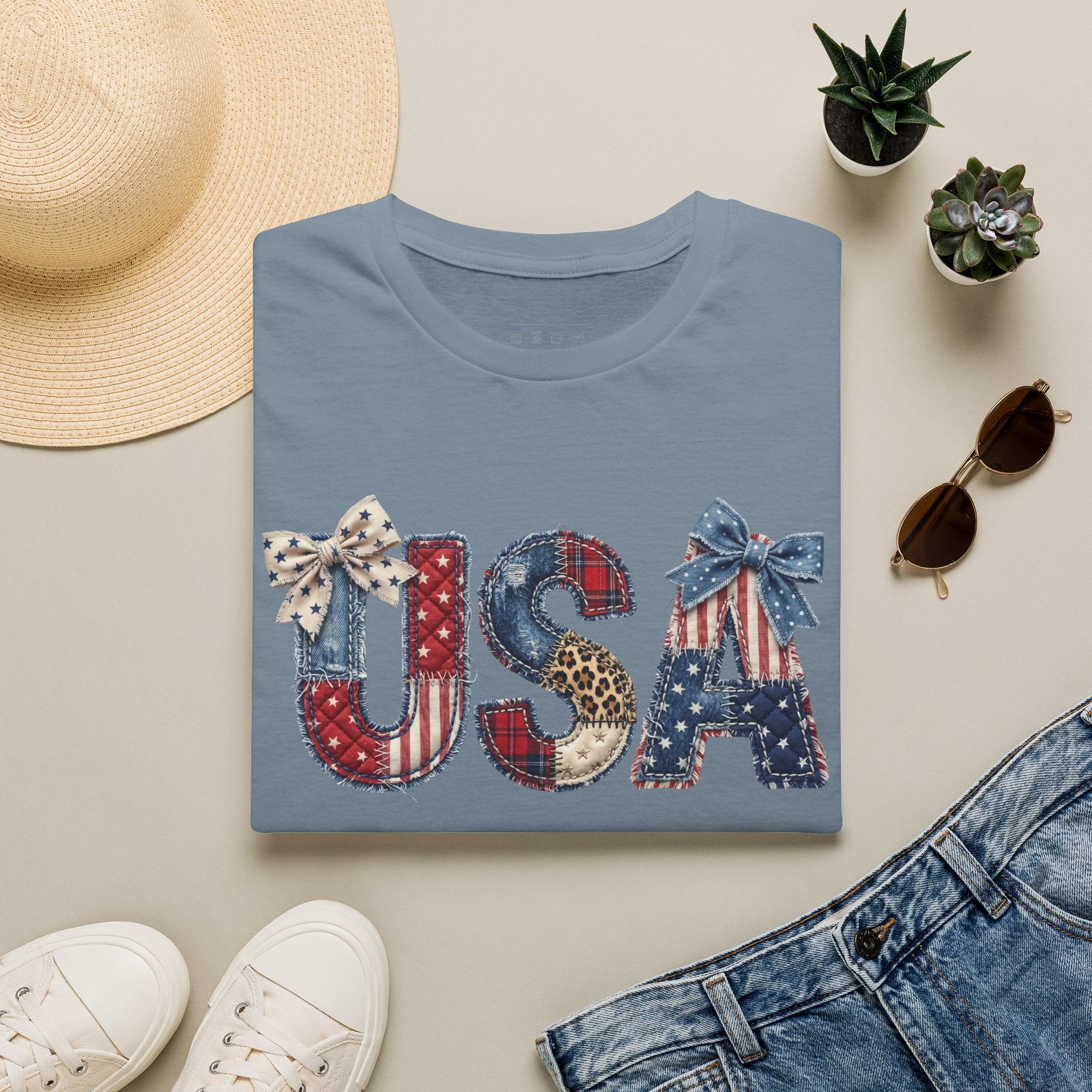 USA Patriotic T-Shirt — Distressed Flag Letters with Bows (4th of July)
