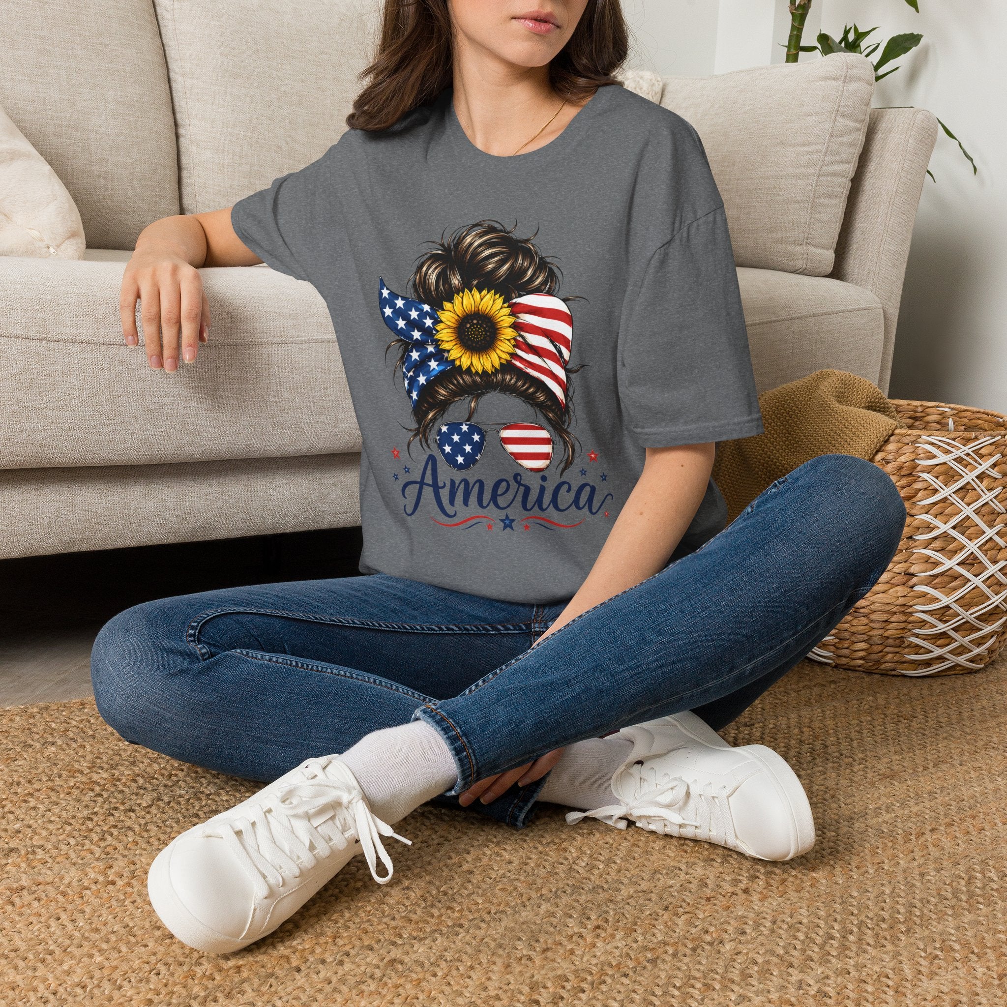 T-Shirt — Patriotic Sunflower Messy Bun (America)
