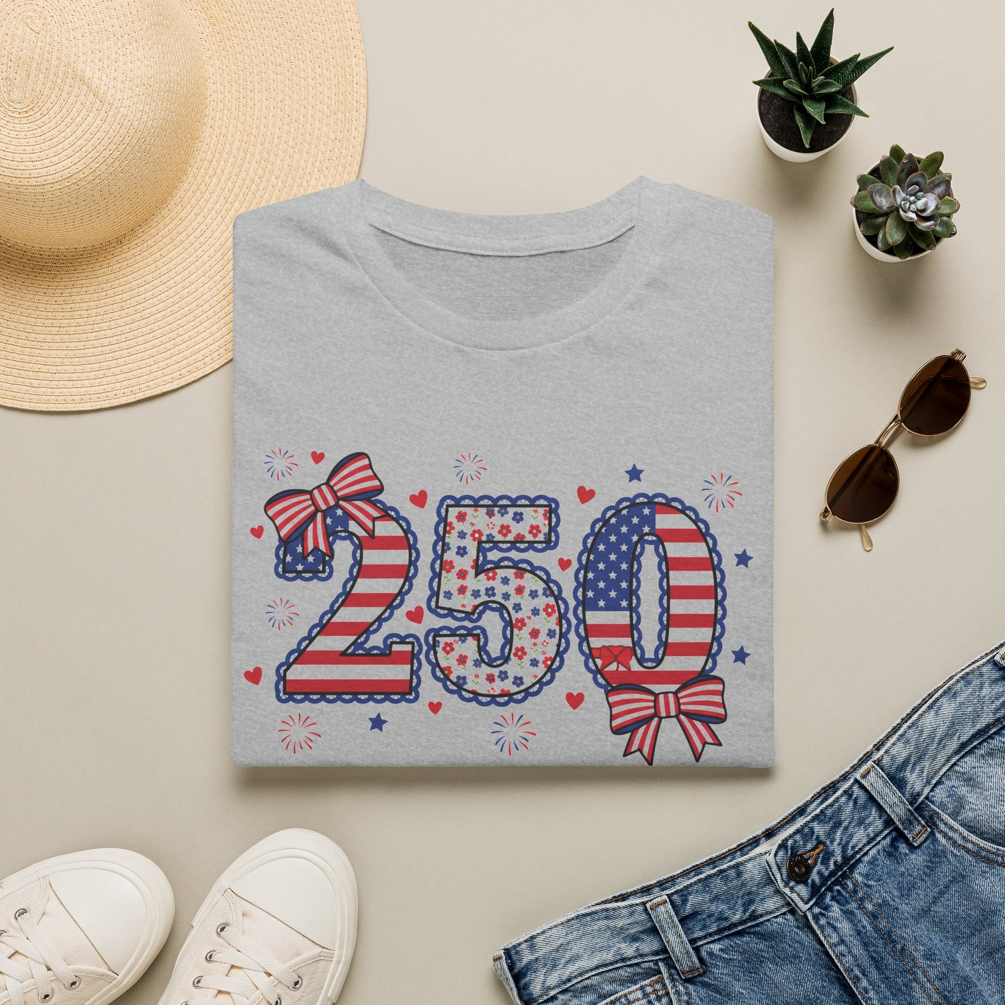 250 Patriotic T-Shirt — USA Flag Number Tee with Stars & Bows (Fourth of July)