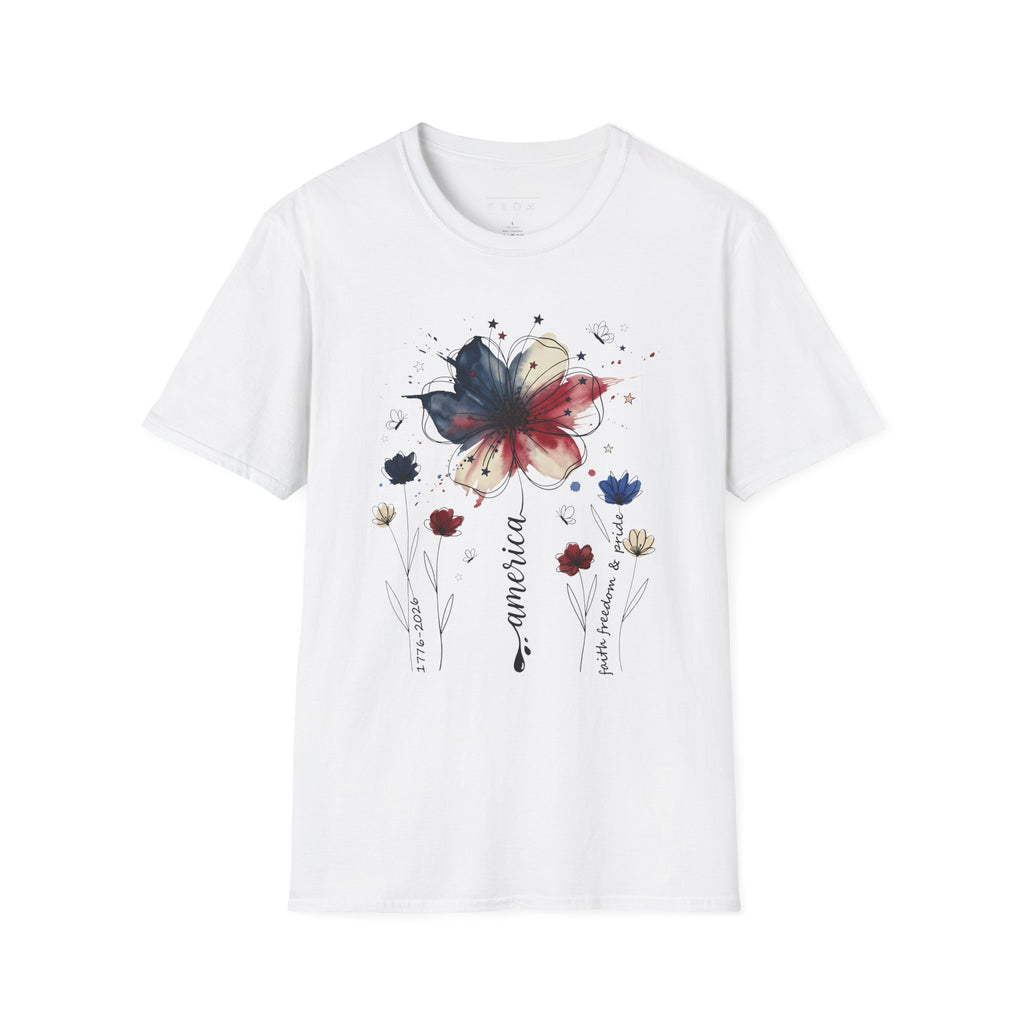 Butterfly Watercolor T-Shirt — Patriotic Red White Blue Floral Graphic