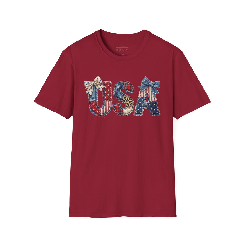USA Patriotic T-Shirt — Distressed Flag Letters with Bows (4th of July)