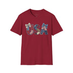 USA Patriotic T-Shirt — Distressed Flag Letters with Bows (4th of July)