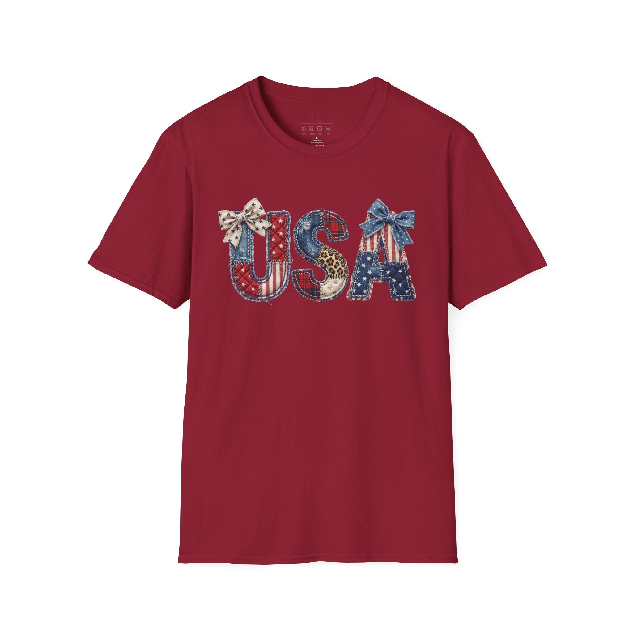 USA Patriotic T-Shirt — Distressed Flag Letters with Bows (4th of July)