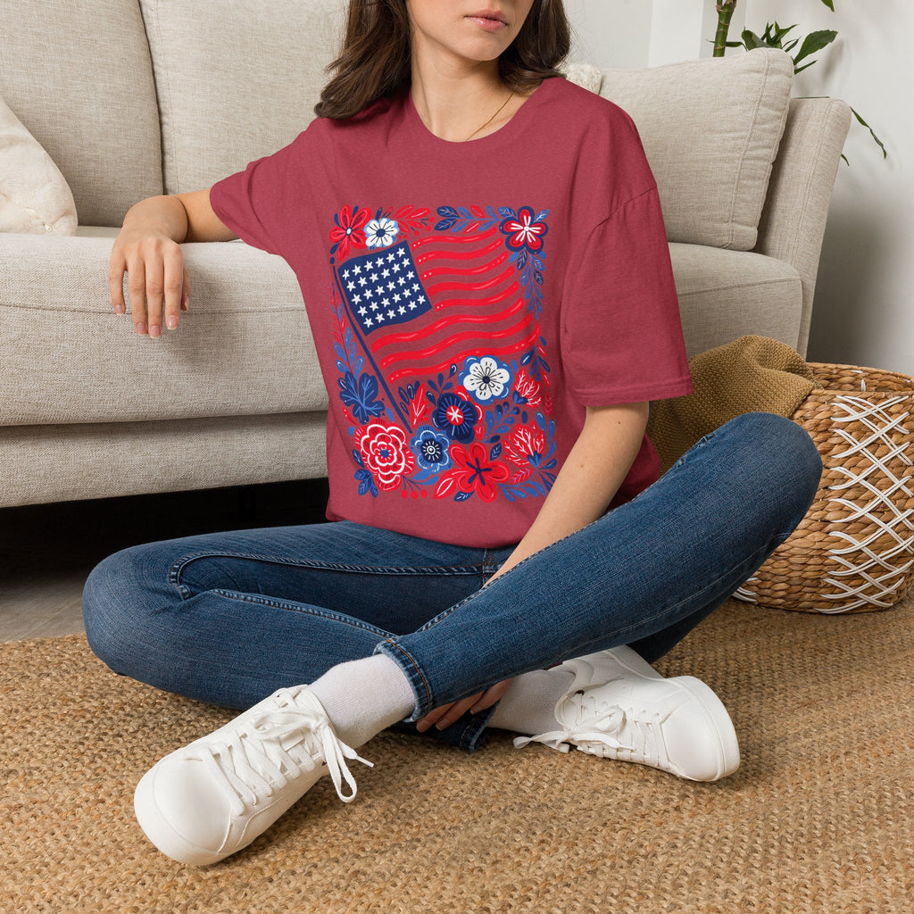 American Flag Floral T-Shirt — Patriotic Stars & Stripes Tee