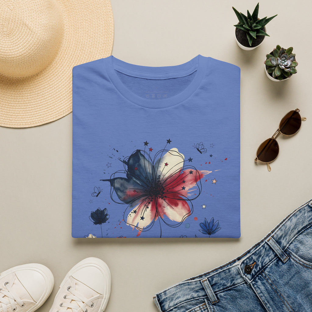 Butterfly Watercolor T-Shirt — Patriotic Red White Blue Floral Graphic