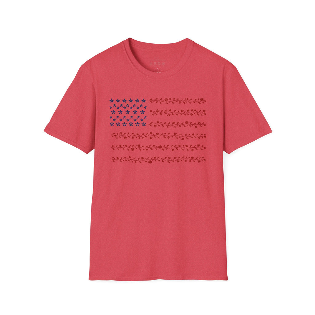 Floral American Flag T-Shirt — Patriotic Red & Blue Botanical Tee for 4th of July