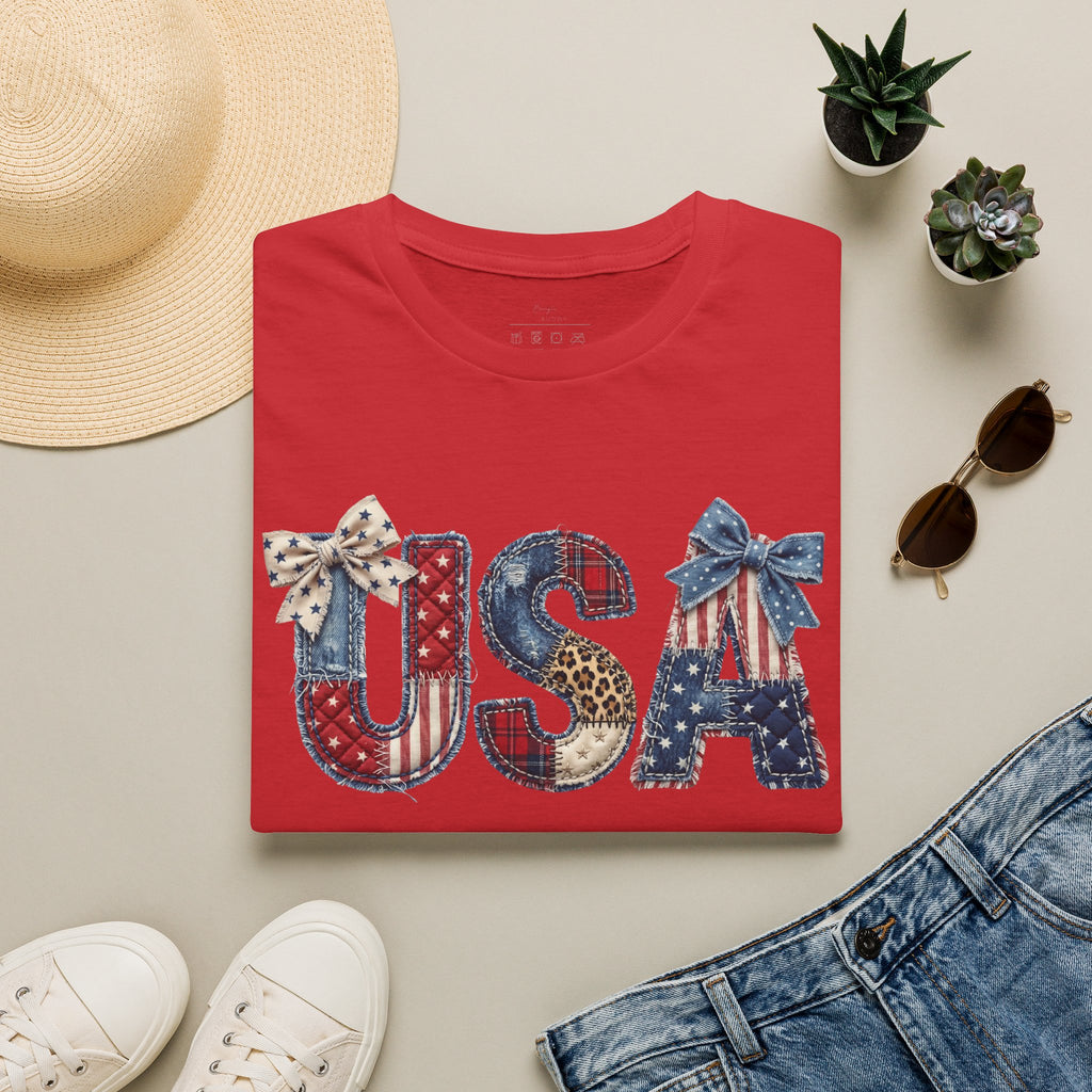 USA Patriotic T-Shirt — Distressed Flag Letters with Bows (4th of July)