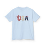 Youth, Kids USA Patriotic Tee — Red White & Blue Flag Letters