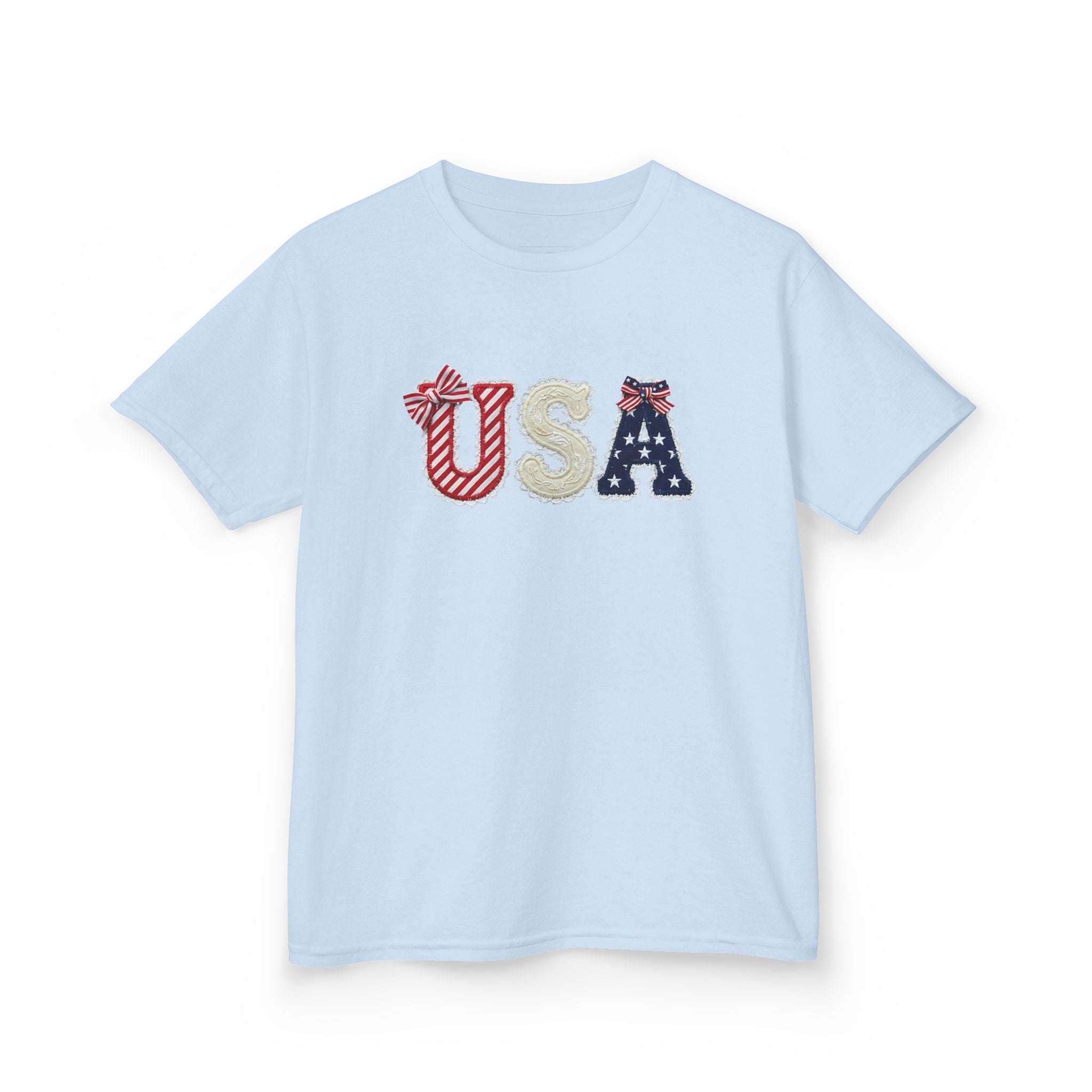 Youth, Kids USA Patriotic Tee — Red White & Blue Flag Letters