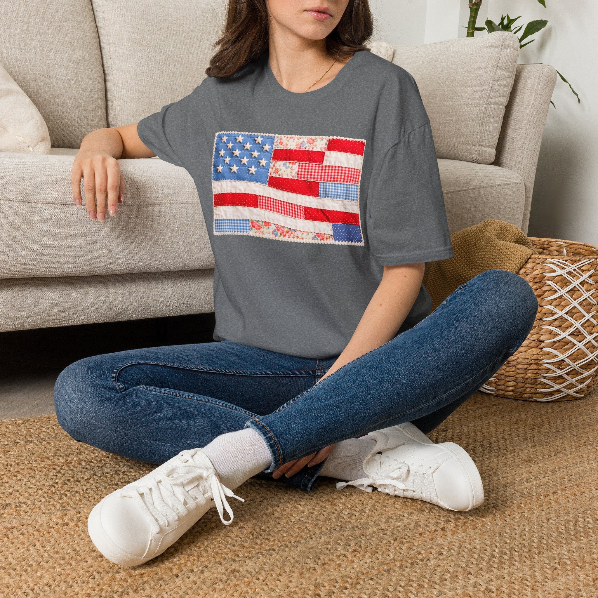 American Patchwork Flag T-Shirt — Vintage Floral Stars & Stripes Tee for 4th of July