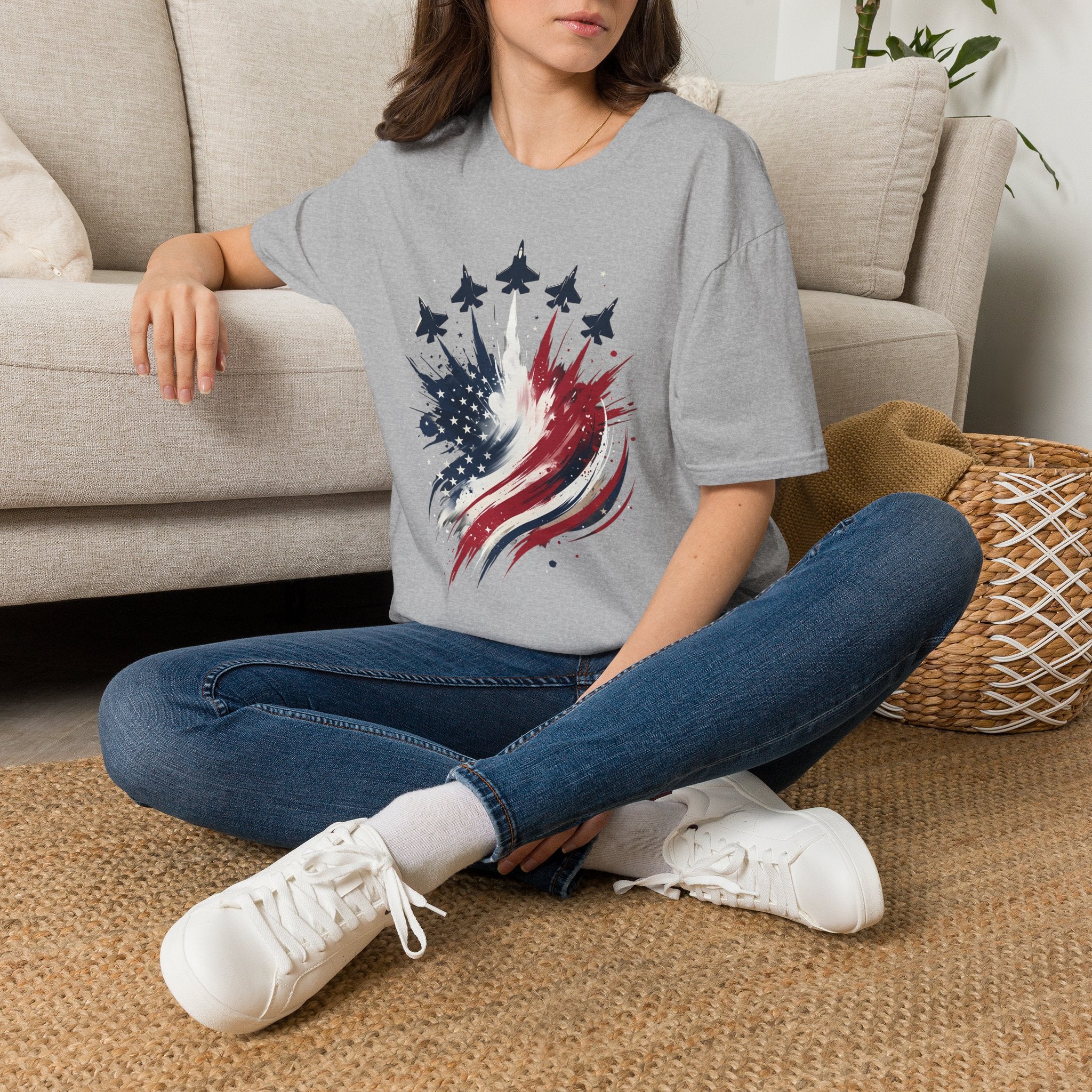 T-Shirt — Patriotic Jet Flyover with American Flag Splash
