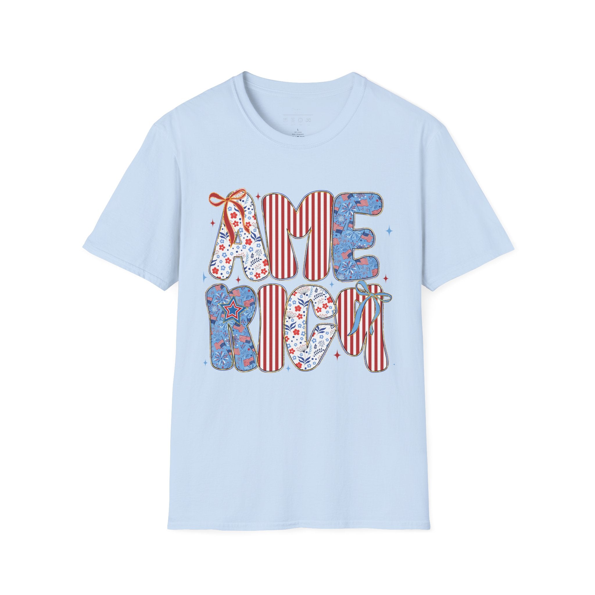 AME Retro Patriotic T-Shirt — Red White Blue Floral & Stripes Graphic Tee