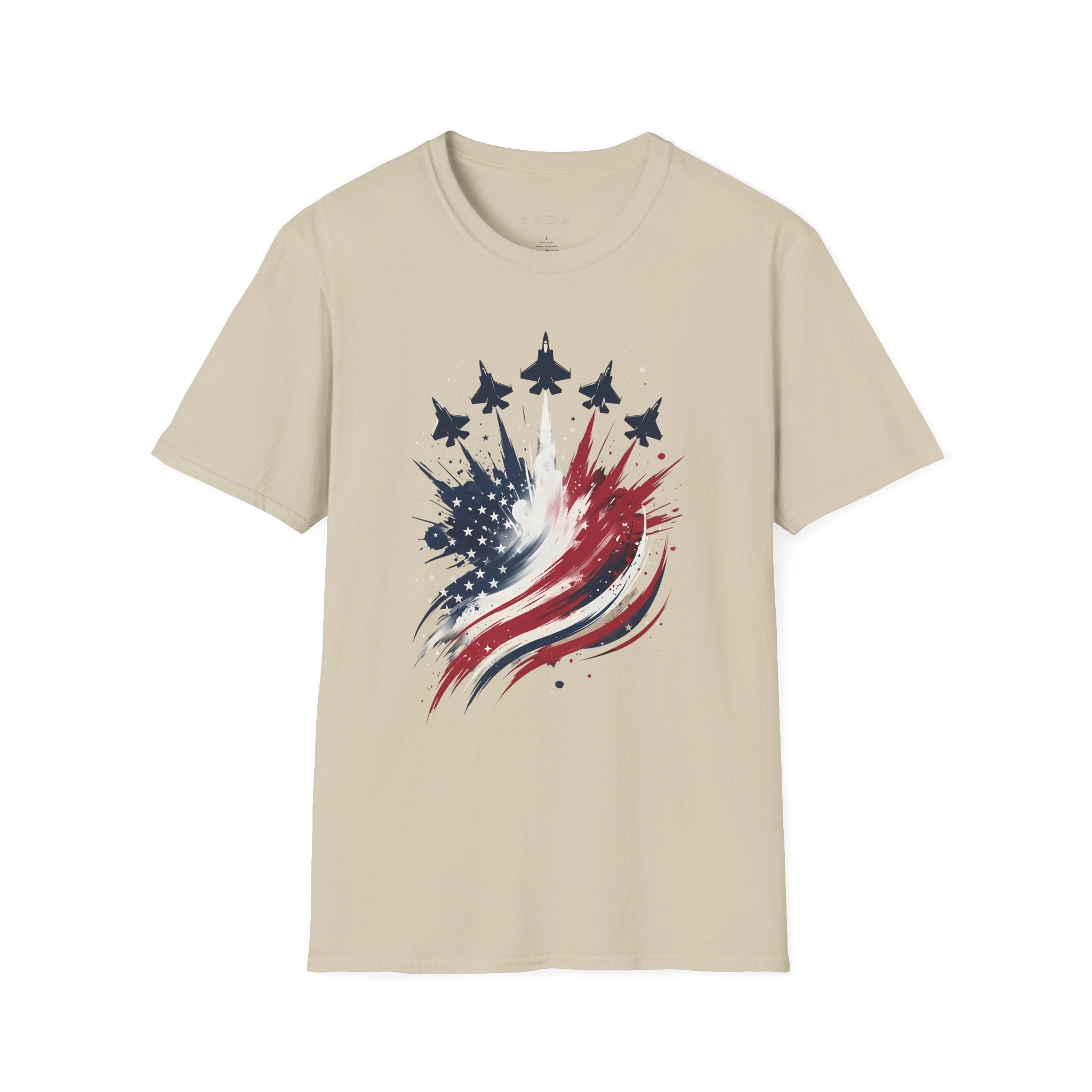 T-Shirt — Patriotic Jet Flyover with American Flag Splash