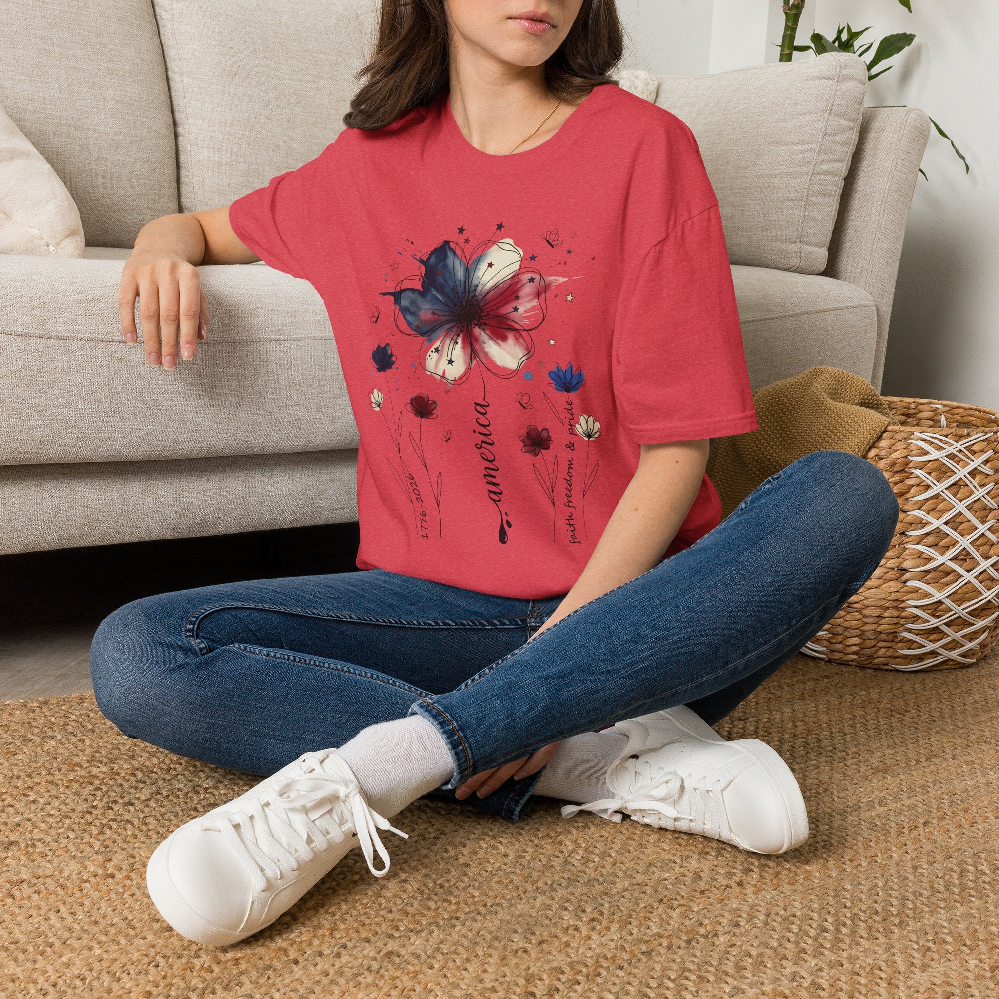 Butterfly Watercolor T-Shirt — Patriotic Red White Blue Floral Graphic