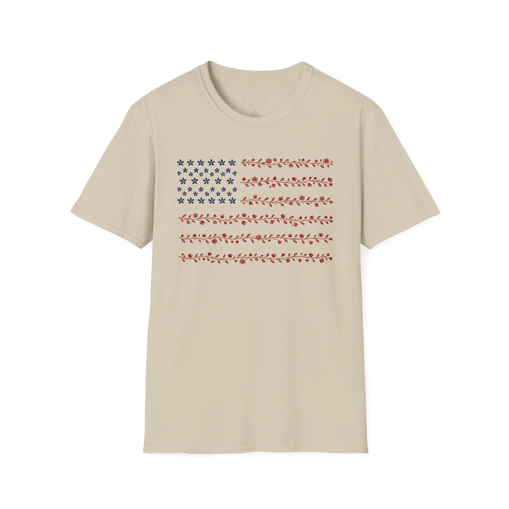 Floral American Flag T-Shirt — Patriotic Red & Blue Botanical Tee for 4th of July