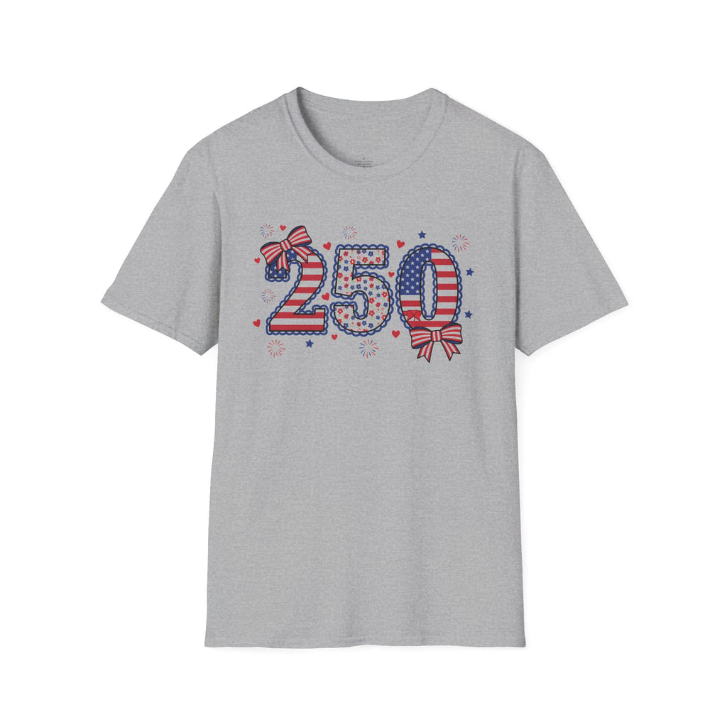250 Patriotic T-Shirt — USA Flag Number Tee with Stars & Bows (Fourth of July)