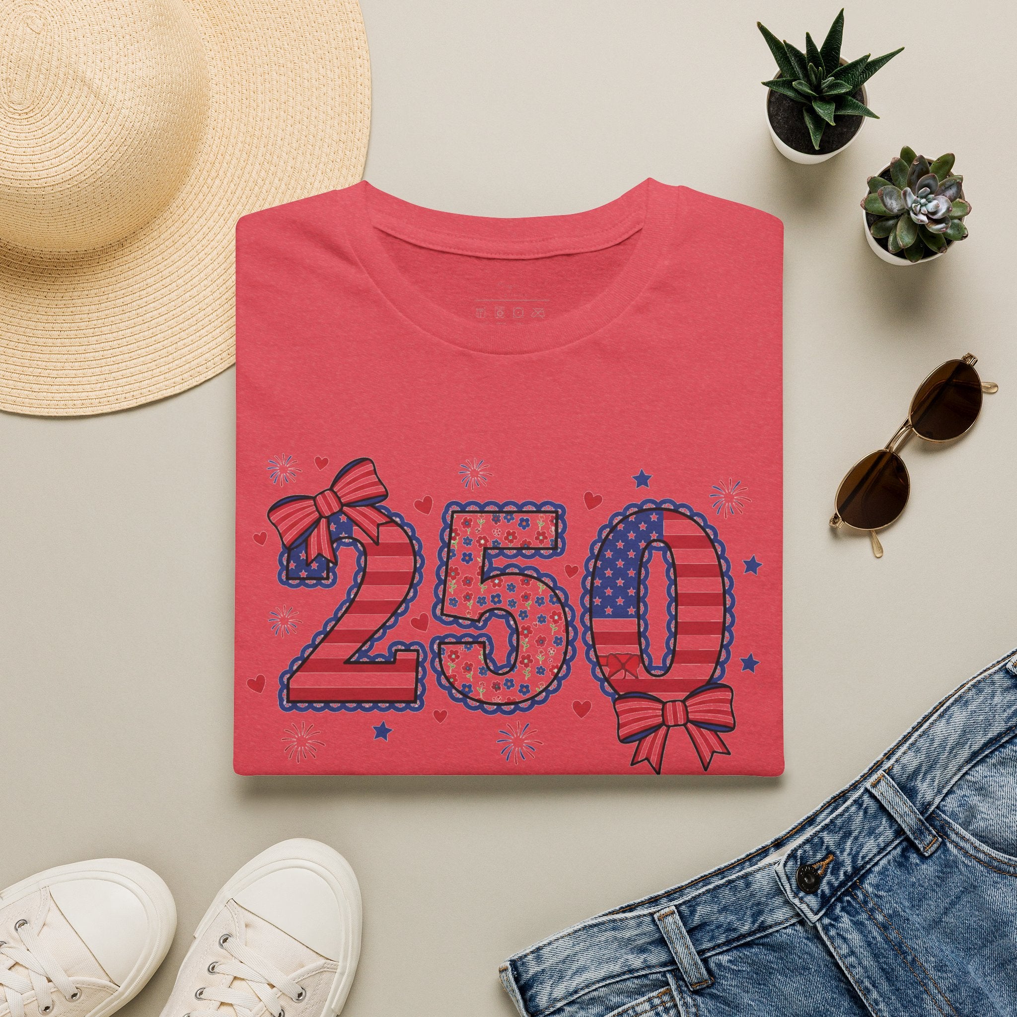250 Patriotic T-Shirt — USA Flag Number Tee with Stars & Bows (Fourth of July)