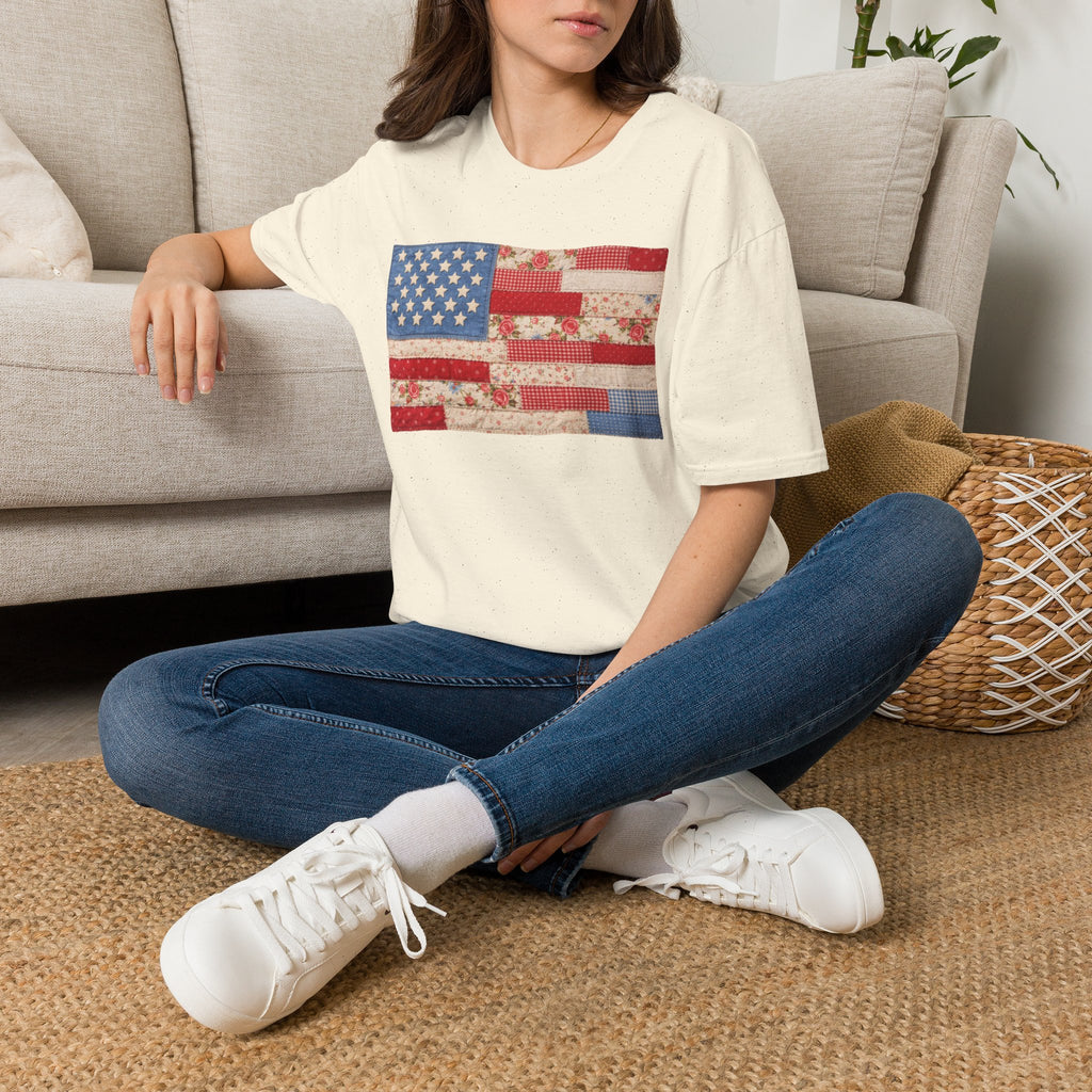 Patchwork American Flag T-Shirt — Vintage Floral Patriotic Tee