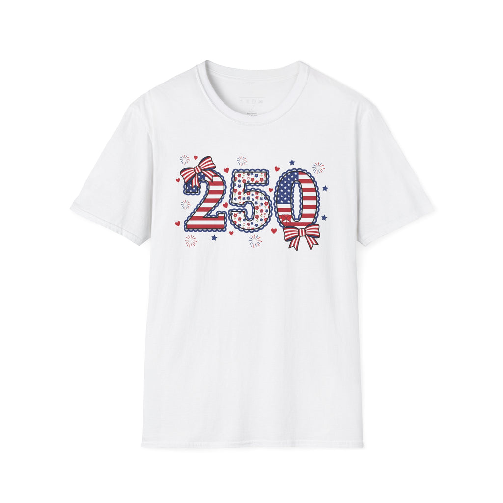 250 Patriotic T-Shirt — USA Flag Number Tee with Stars & Bows (Fourth of July)