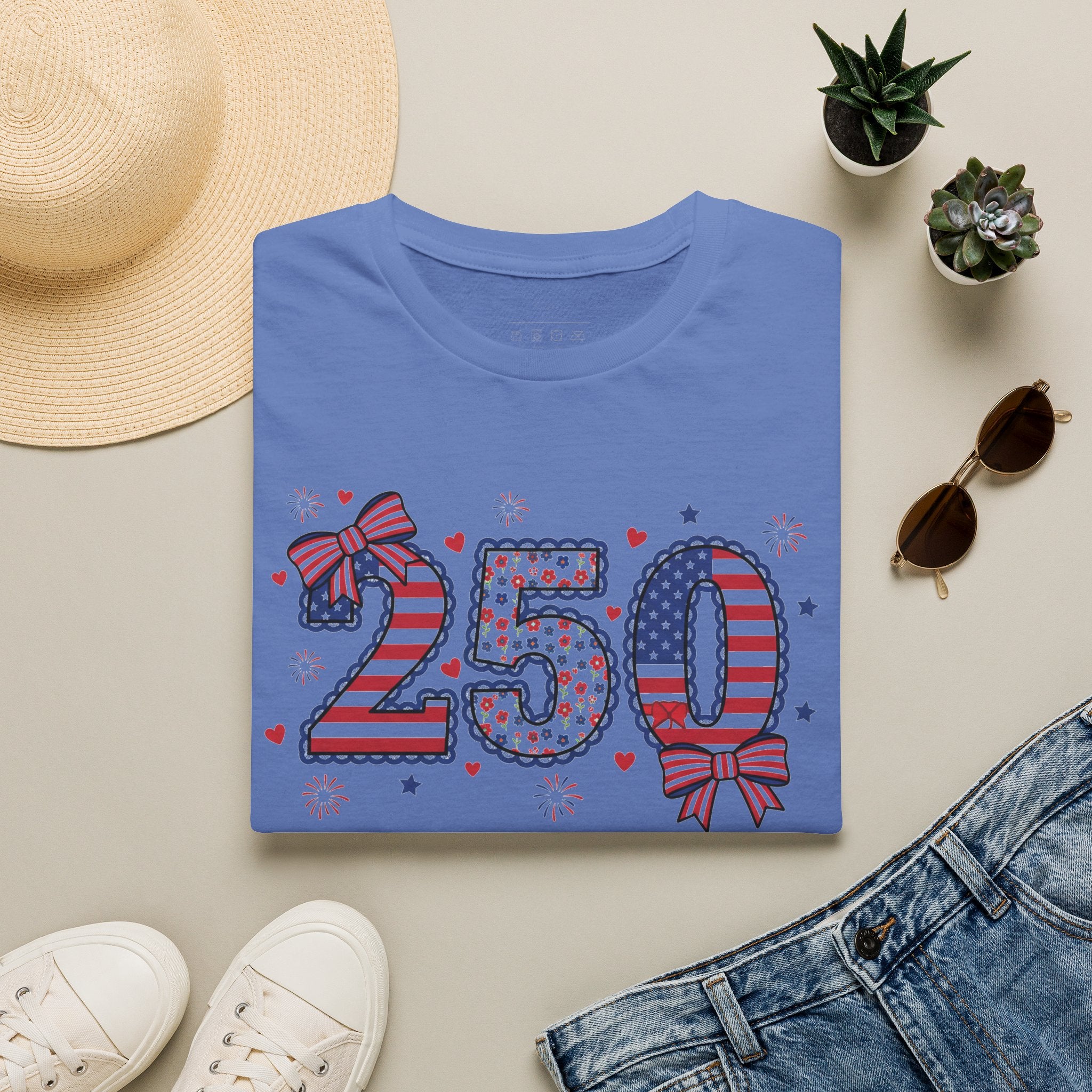 250 Patriotic T-Shirt — USA Flag Number Tee with Stars & Bows (Fourth of July)