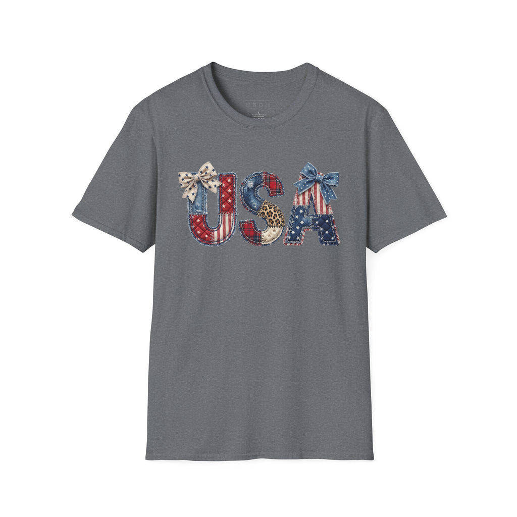USA Patriotic T-Shirt — Distressed Flag Letters with Bows (4th of July)
