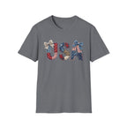 USA Patriotic T-Shirt — Distressed Flag Letters with Bows (4th of July)