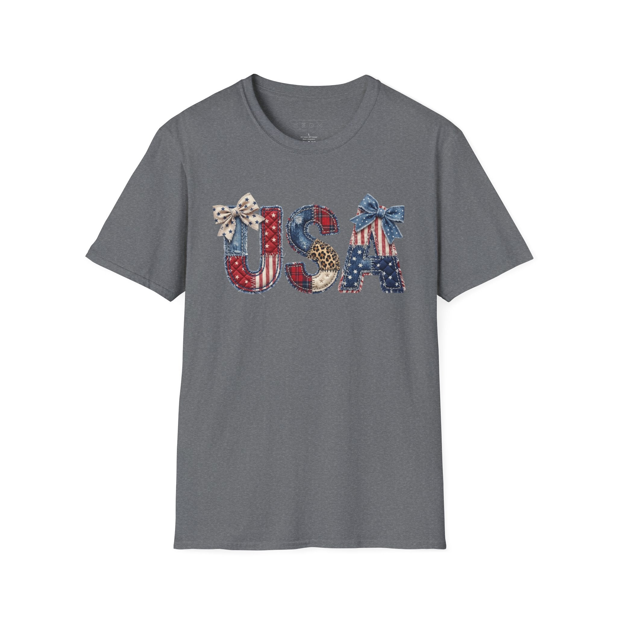 USA Patriotic T-Shirt — Distressed Flag Letters with Bows (4th of July)
