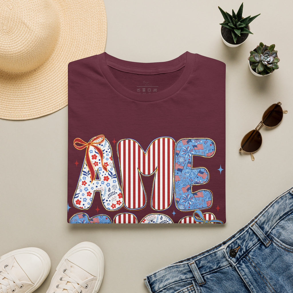 AME Retro Patriotic T-Shirt — Red White Blue Floral & Stripes Graphic Tee