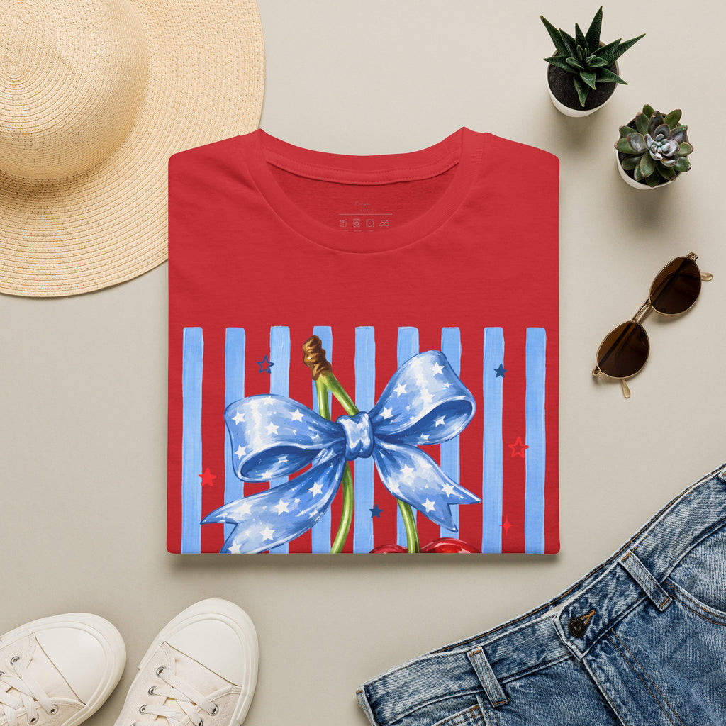 Cherry Graphic T-Shirt — Blue Bow & Striped Summer Tee