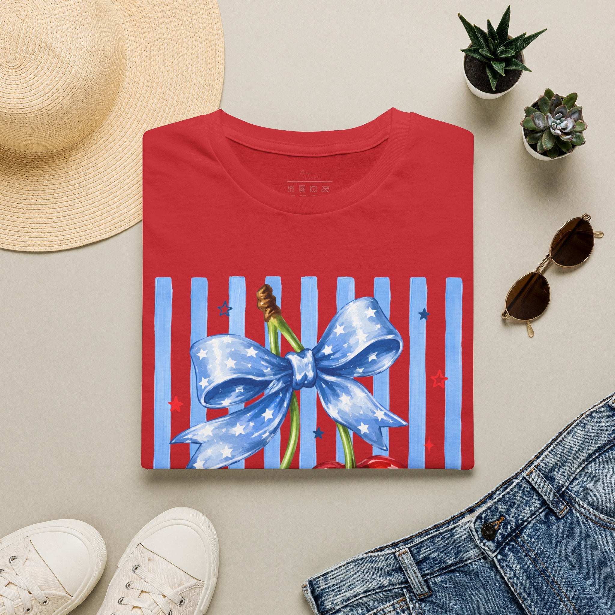 Cherry Graphic T-Shirt — Blue Bow & Striped Summer Tee
