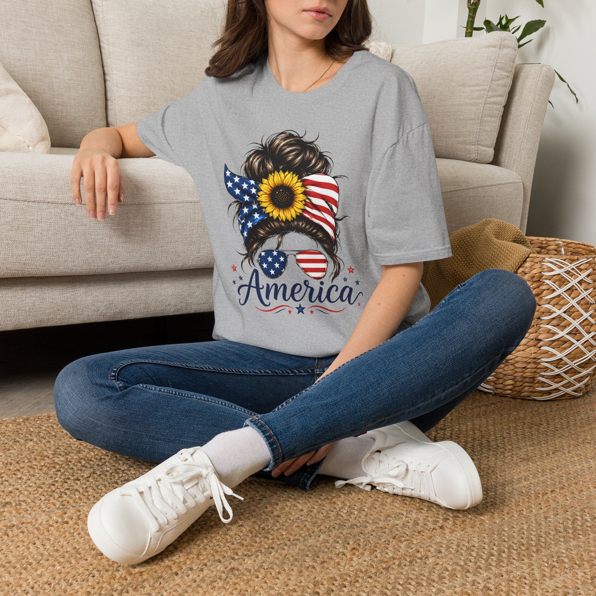 T-Shirt — Patriotic Sunflower Messy Bun (America)