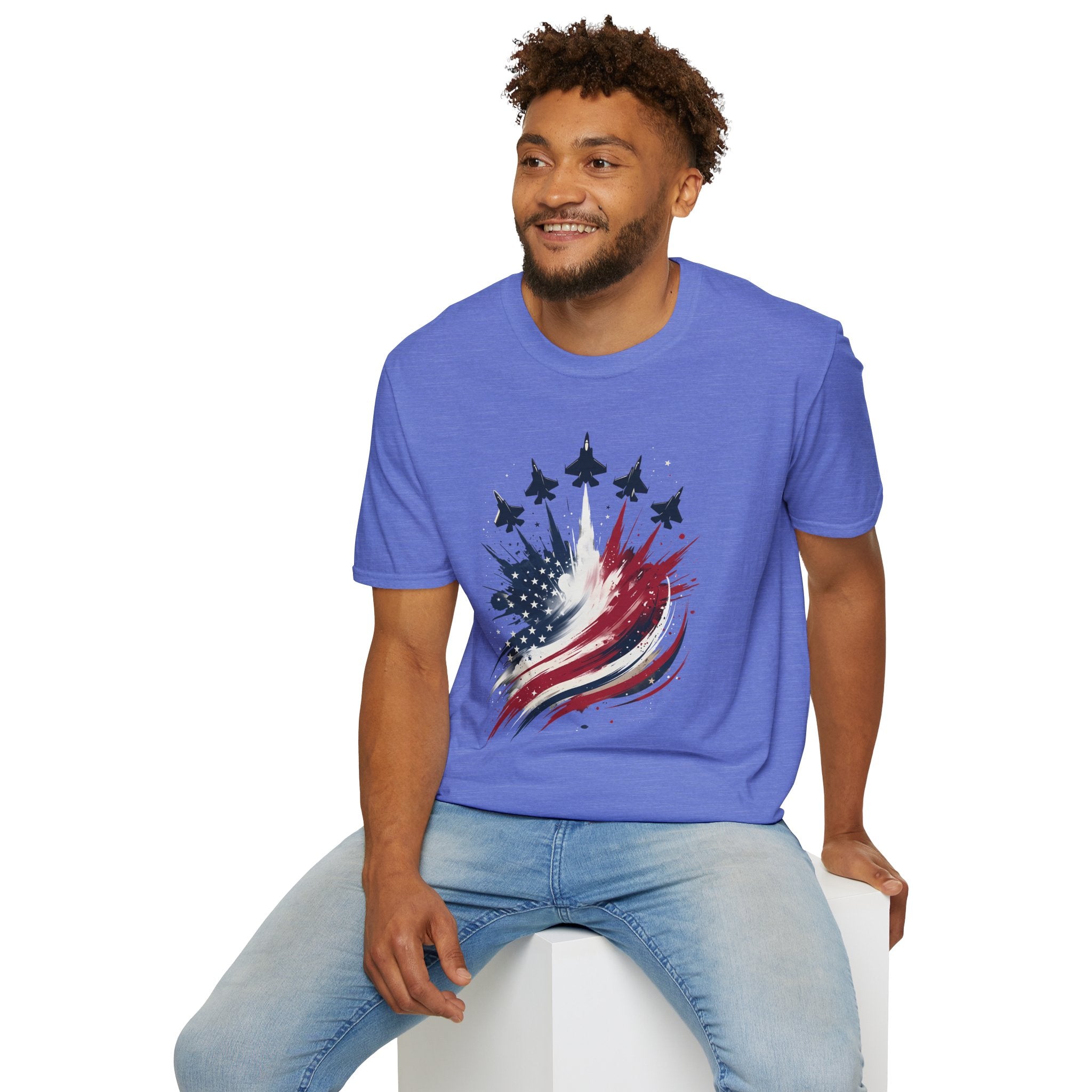 T-Shirt — Patriotic Jet Flyover with American Flag Splash