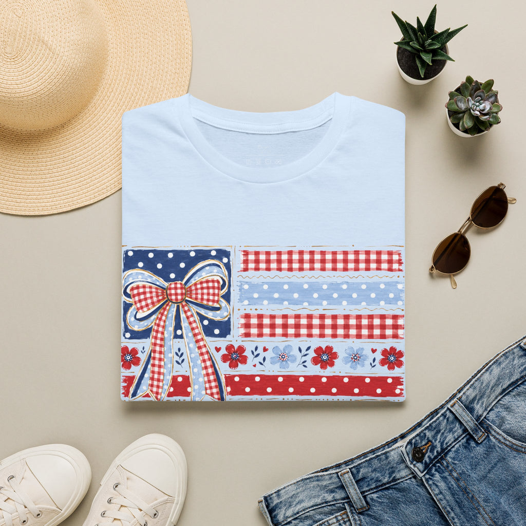 Patriotic Bow Flag T-Shirt – Red White Blue American Floral Plaid Tee