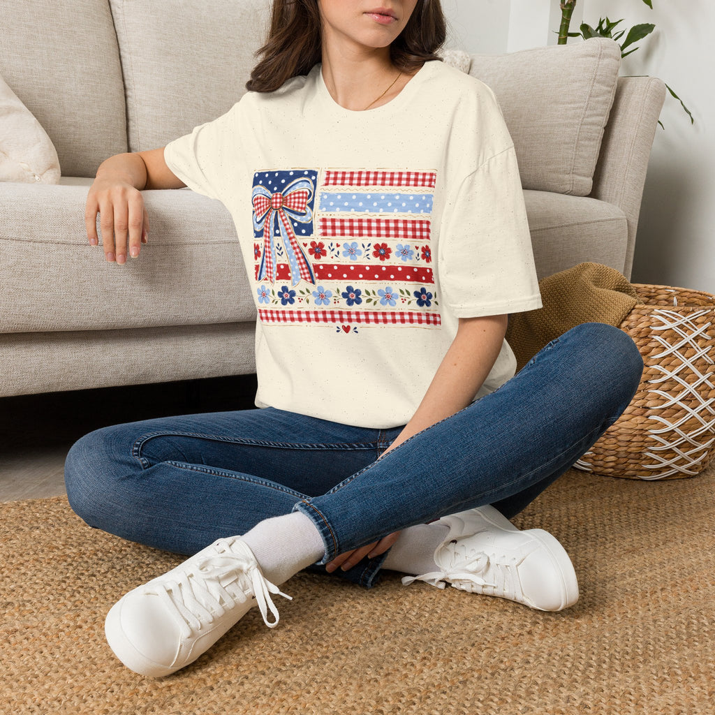 Patriotic Bow Flag T-Shirt – Red White Blue American Floral Plaid Tee