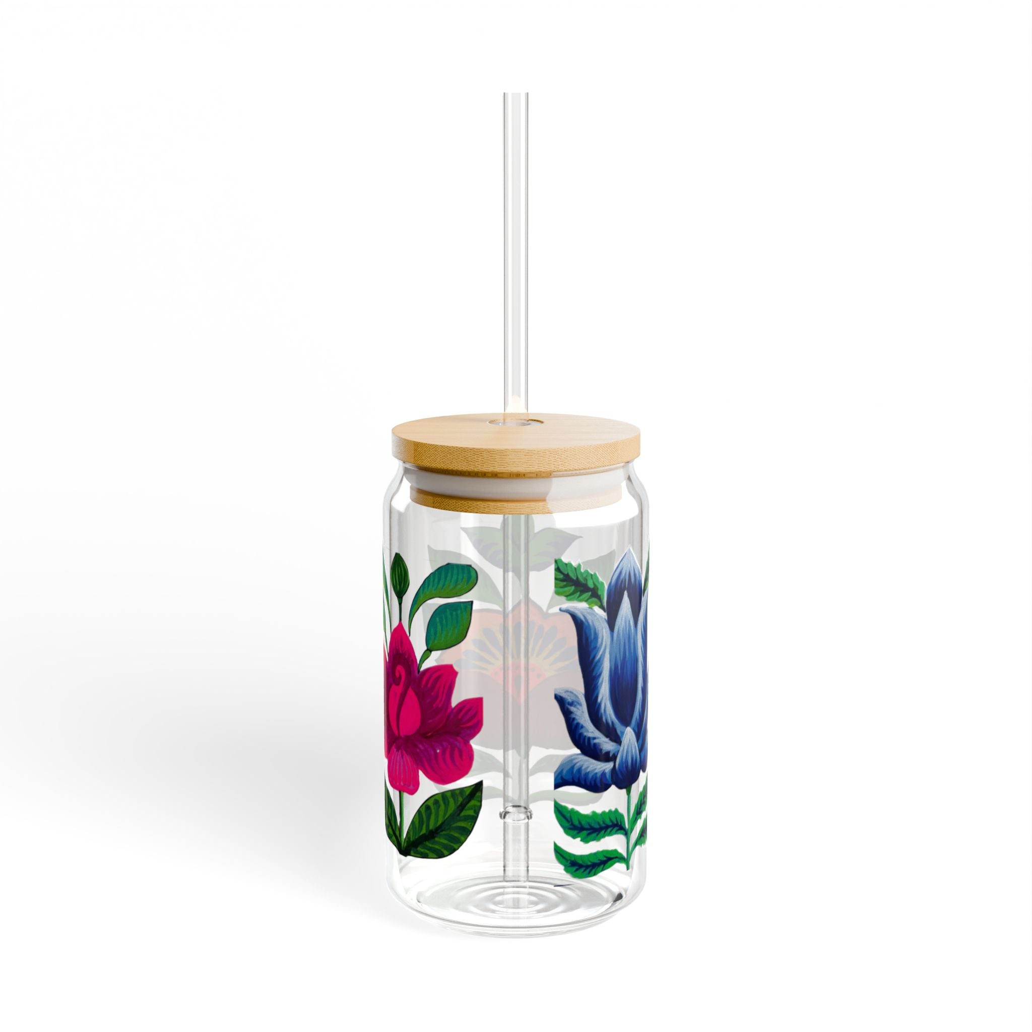 Floral Glass Sipper Cup — 16oz Double-Walled Drink Jar with Bamboo Lid & Straw