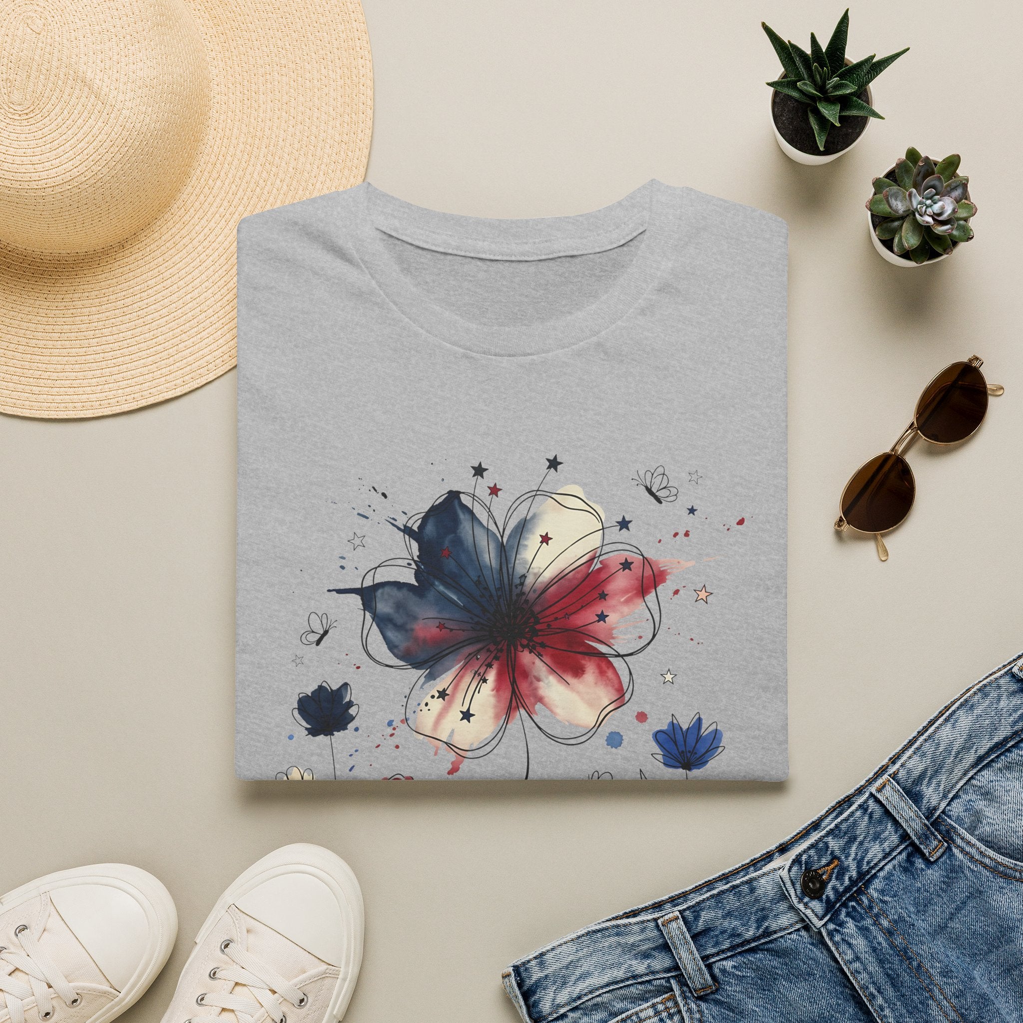 Butterfly Watercolor T-Shirt — Patriotic Red White Blue Floral Graphic