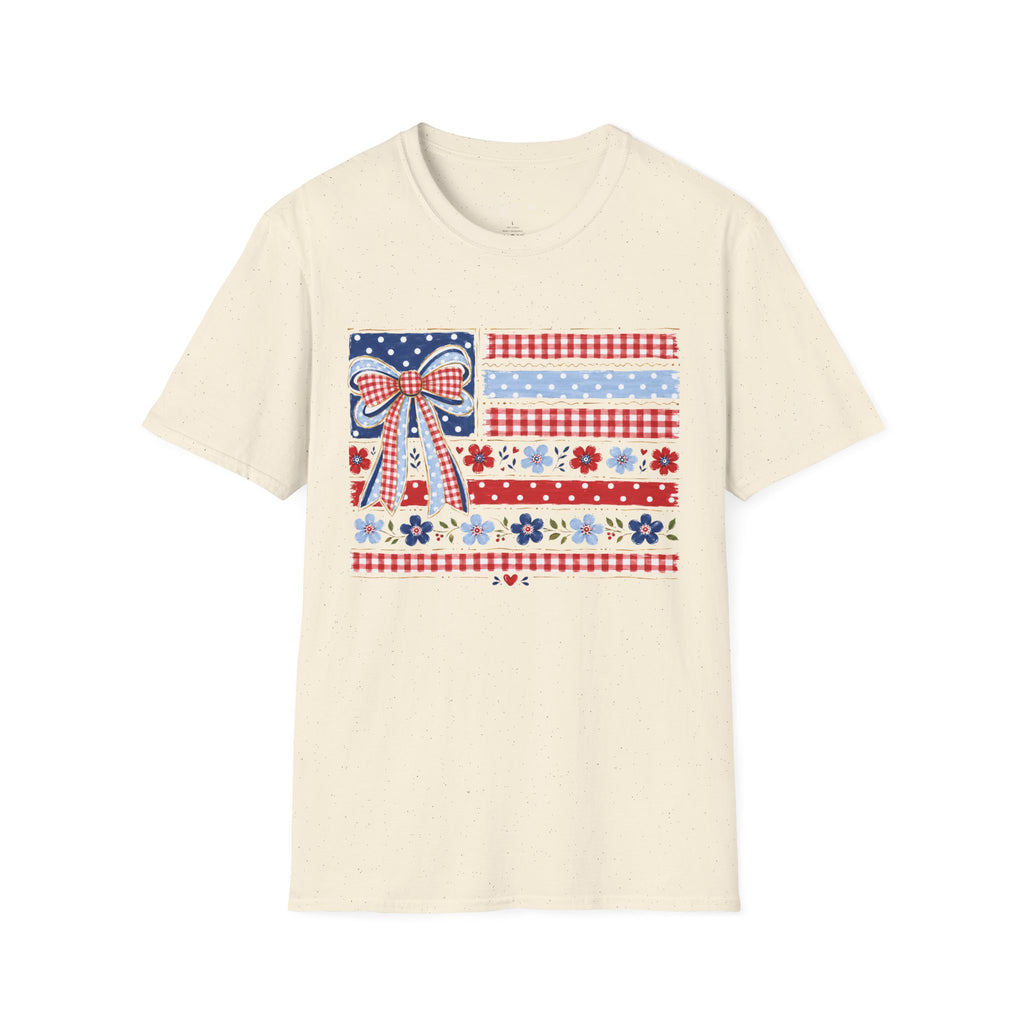 Patriotic Bow Flag T-Shirt – Red White Blue American Floral Plaid Tee