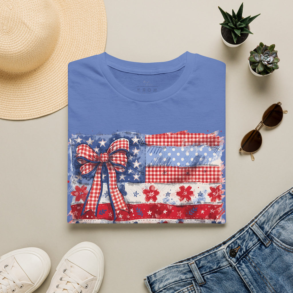 Patriotic Flag Bow T-Shirt — American Red White Blue Fourth of July Tee