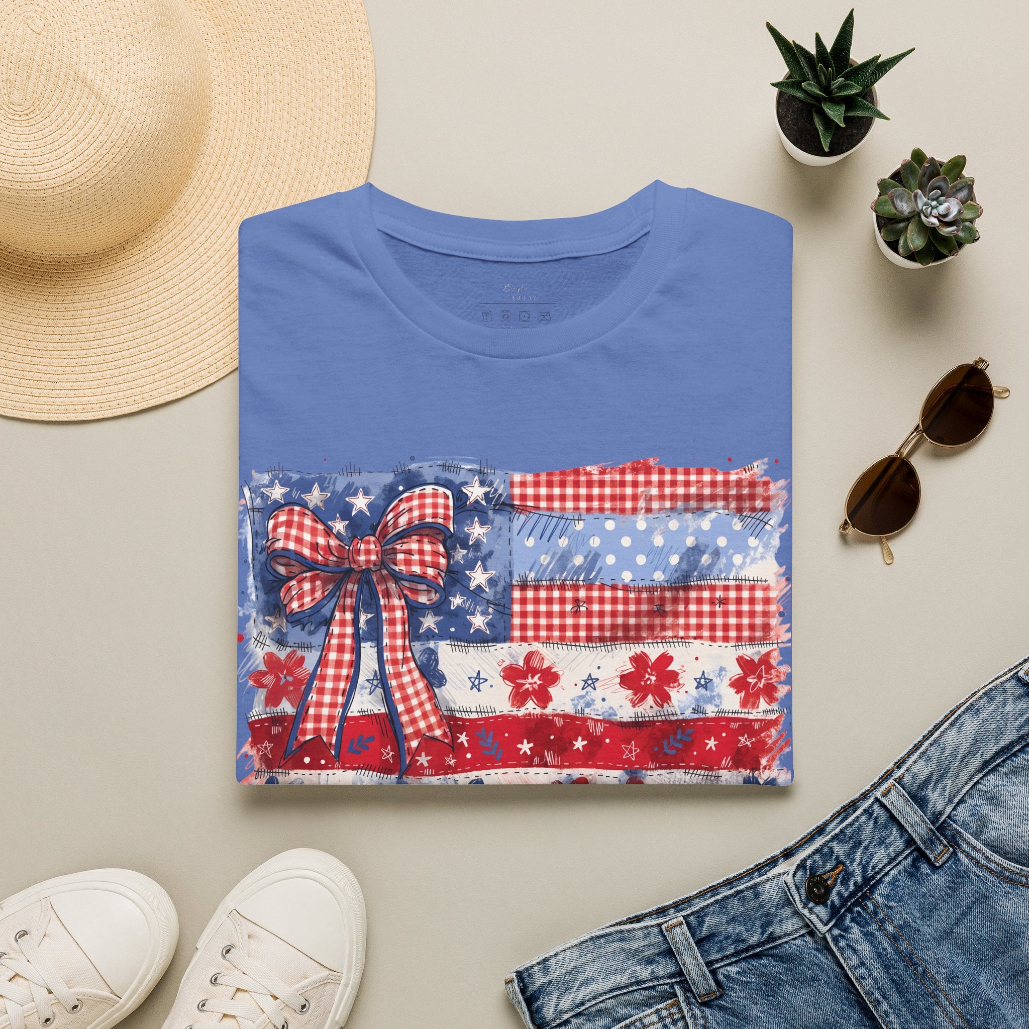 Patriotic Flag Bow T-Shirt — American Red White Blue Fourth of July Tee
