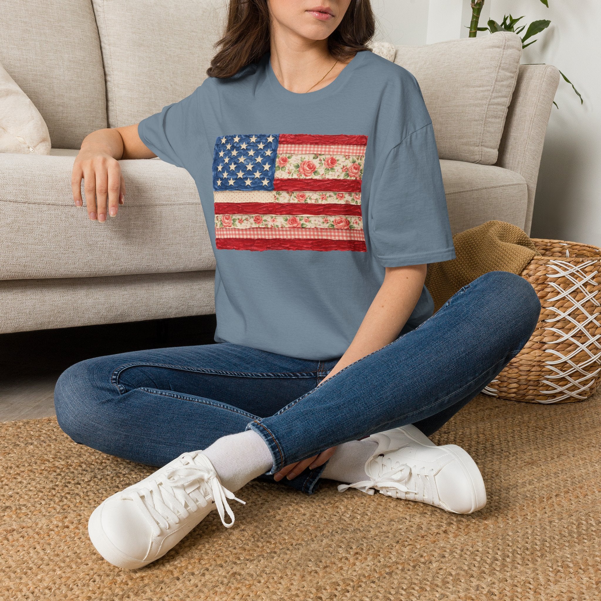 Patriotic Floral American Flag T-Shirt — Vintage Rose USA Tee for Fourth of July