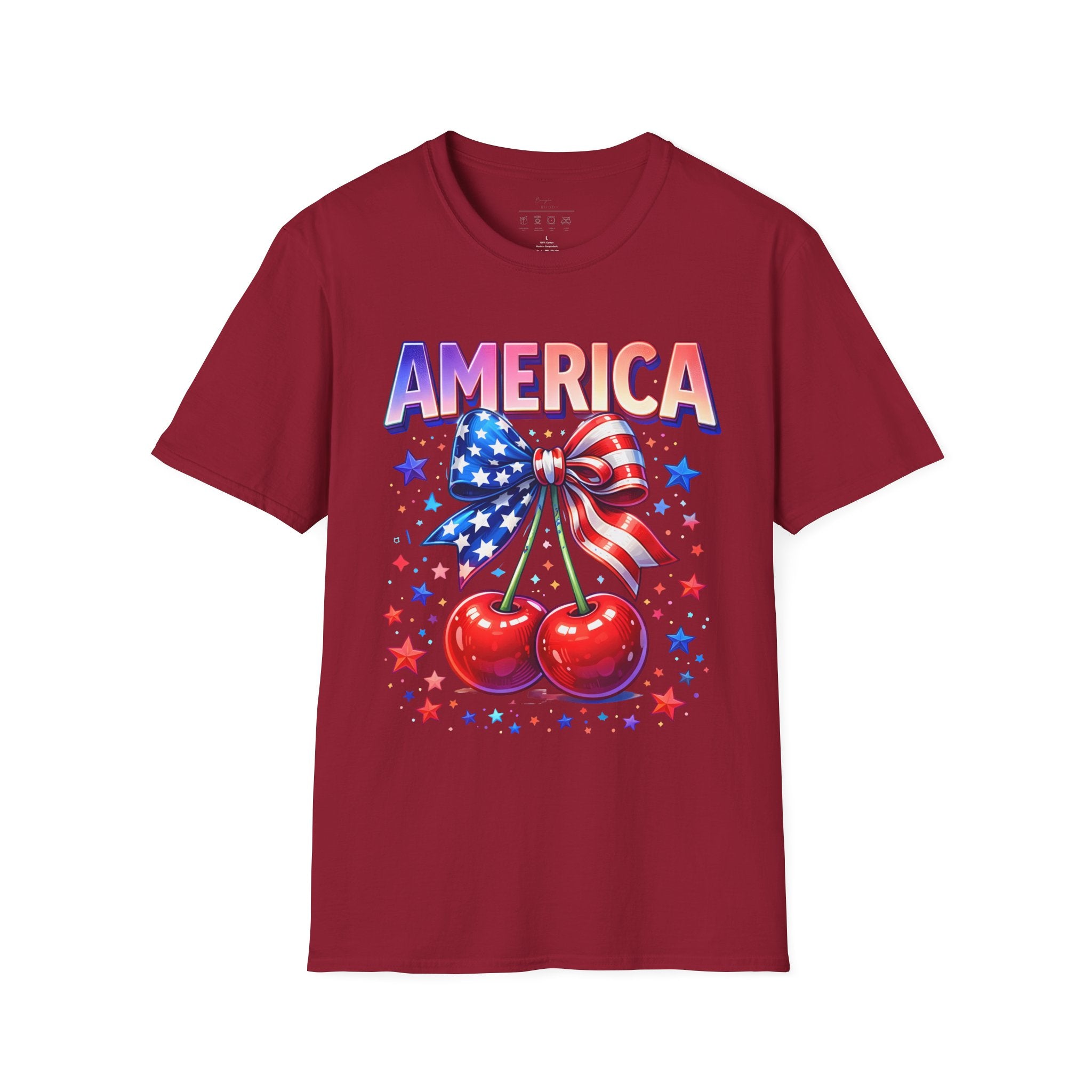 America Patriotic Cherry Graphic T-Shirt — USA Flag Bow 4th of July Tee