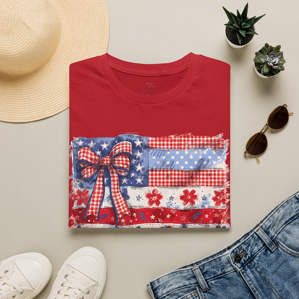 Patriotic Flag Bow T-Shirt — American Red White Blue Fourth of July Tee