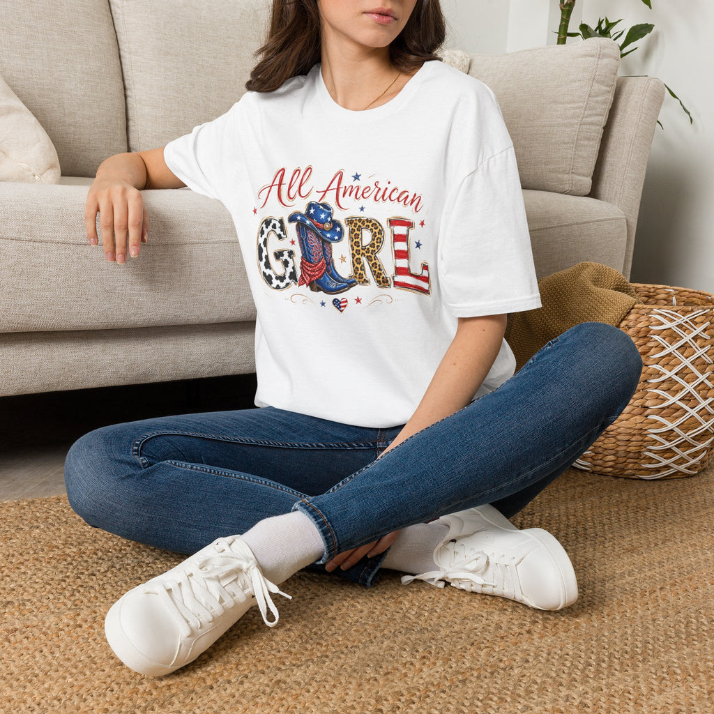 All American Girl T-Shirt — Patriotic USA Leopard & Flag Graphic Tee