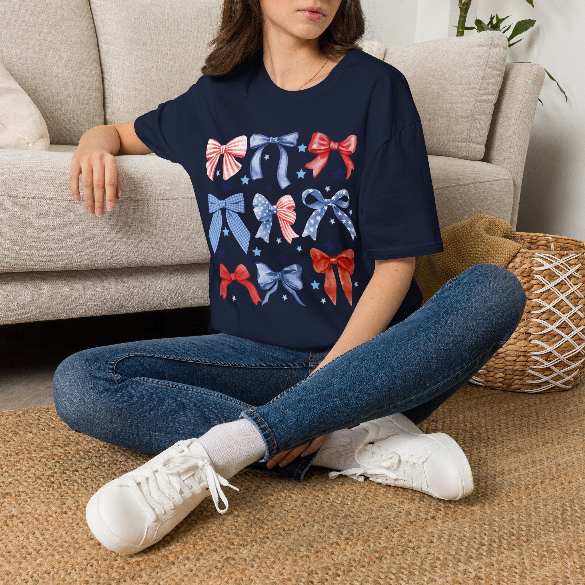 Patriotic Red White Blue Bow T-Shirt — Stars & Ribbon Graphic Tee