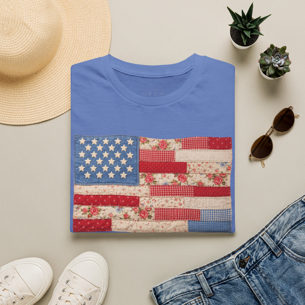 Patchwork American Flag T-Shirt — Vintage Floral Patriotic Tee